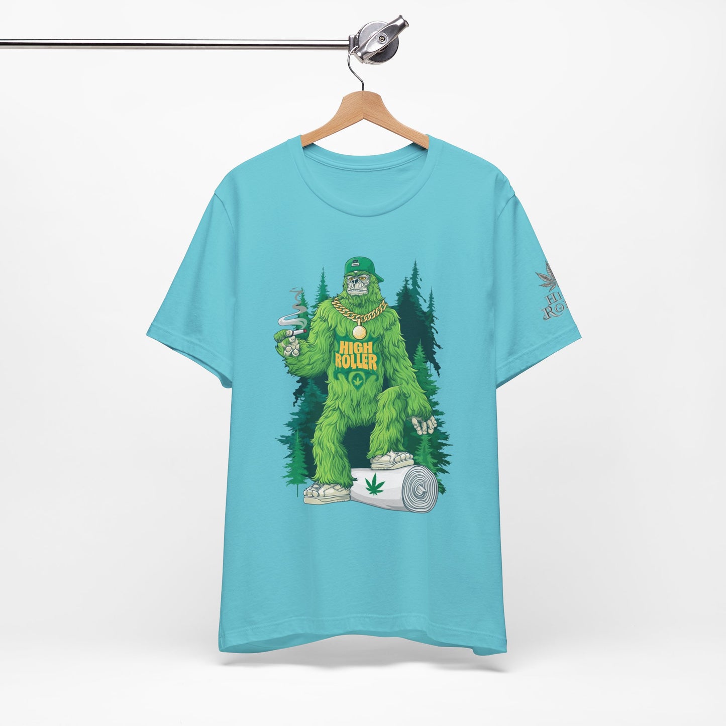 Bigfoot HIGH ROLLER Halloween Cannabis Forest T-Shirt - Premium Sasquatch Lifestyle Legend 420 Apparel