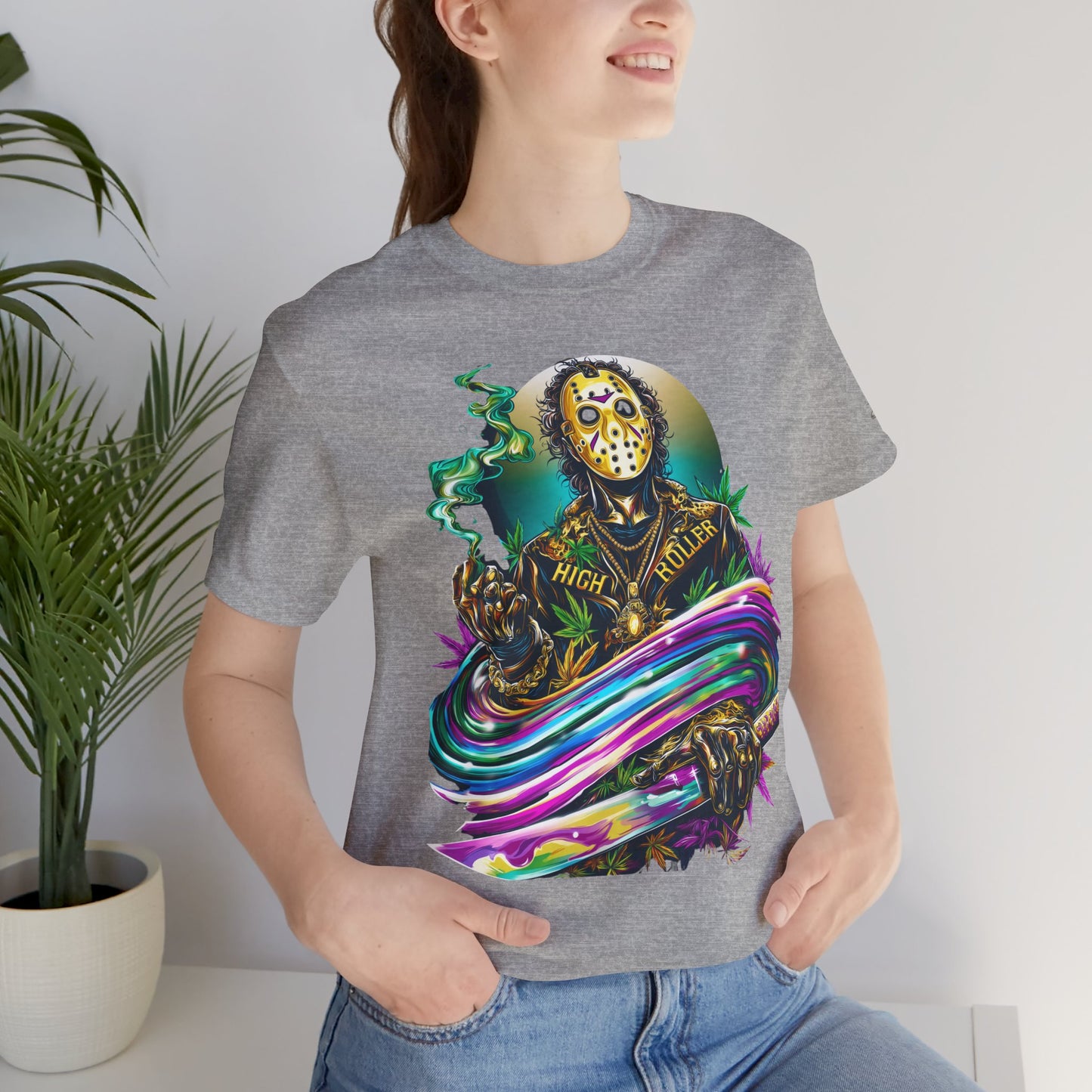 Psychedelic Jason Swoosh Cannabis T-Shirt - Premium Horror 420 Orange Edition Apparel