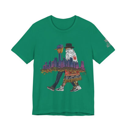 High Roller Urban Legends Cannabis T-Shirt - Premium 420 City Skyline Street Culture Double Exposure Apparel