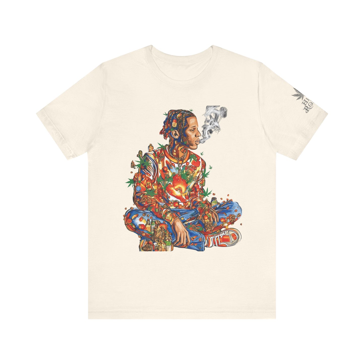 High Roller Meditation Mosaic Cannabis T-Shirt - Premium 420 Hip-Hop Zen Cross-Legged Street Culture Artistic Collage Apparel