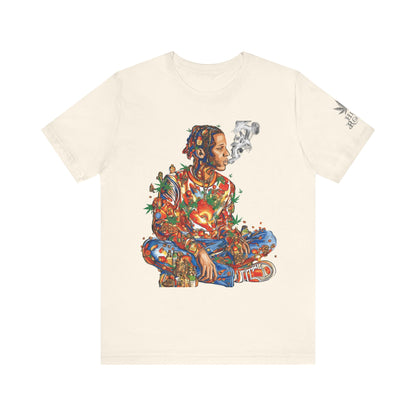High Roller Meditation Mosaic Cannabis T-Shirt - Premium 420 Hip-Hop Zen Cross-Legged Street Culture Artistic Collage Apparel