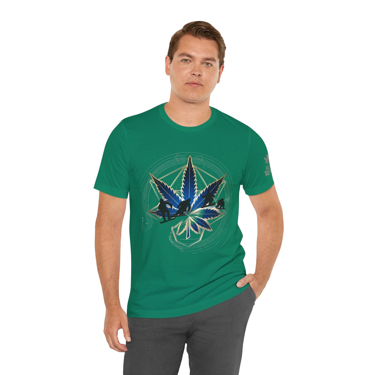 Sacred Geometry Snowboard Premium Cannabis Culture T-Shirt - Emerald Green Tee With Action Sports And Crystalline Cannabis Geometric Mandala