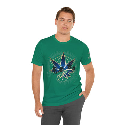 Sacred Geometry Snowboard Premium Cannabis Culture T-Shirt - Emerald Green Tee With Action Sports And Crystalline Cannabis Geometric Mandala