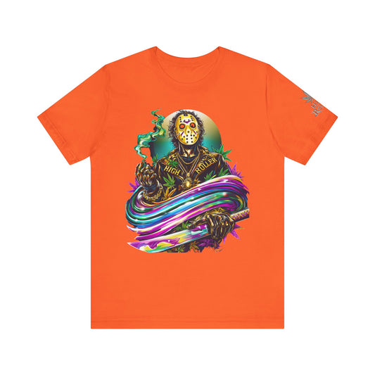 Psychedelic Jason Swoosh Cannabis T-Shirt - Premium Horror 420 Orange Edition Apparel