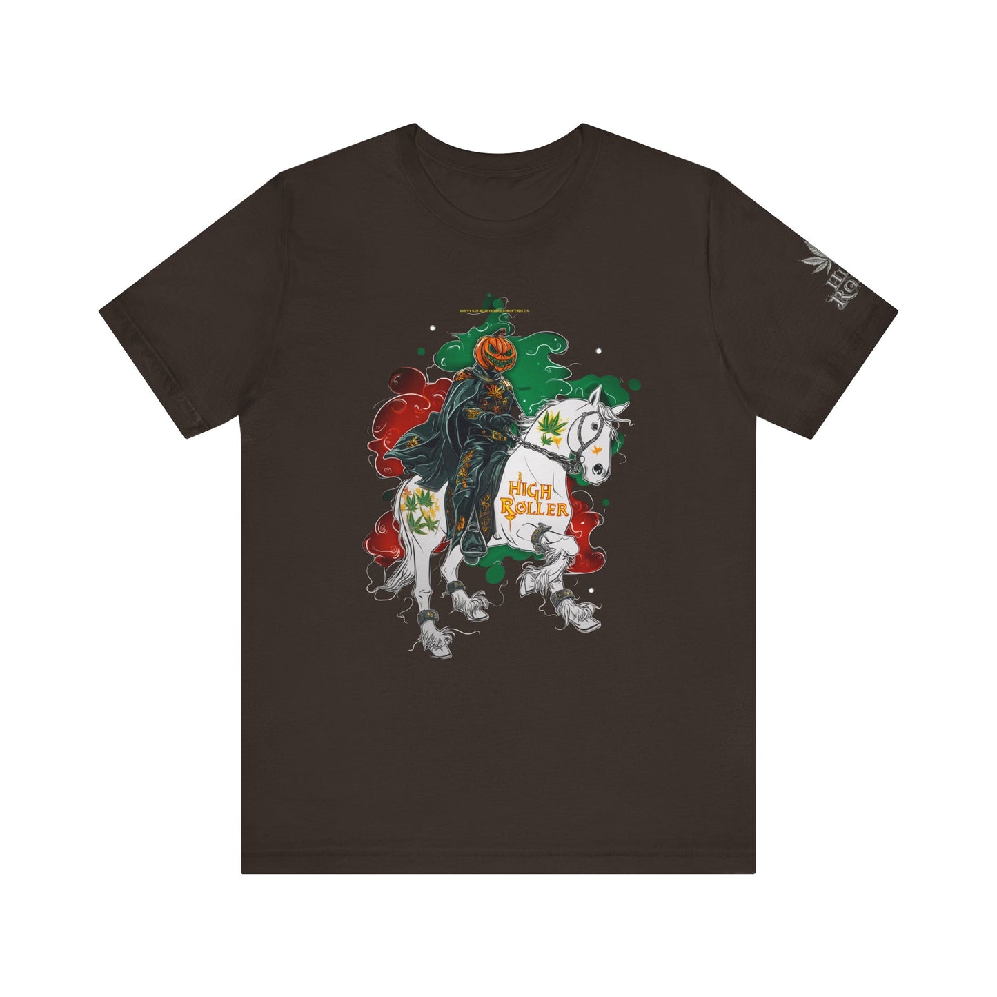 Headless Horseman HIGH ROLLER Halloween Cannabis T-Shirt - Premium Pumpkin Rider Skeletal Steed 420 Apparel