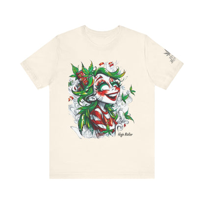 High Roller Jester Queen Cannabis T-Shirt - Premium 420 Harlequin Beauty Holiday Celebration Apparel