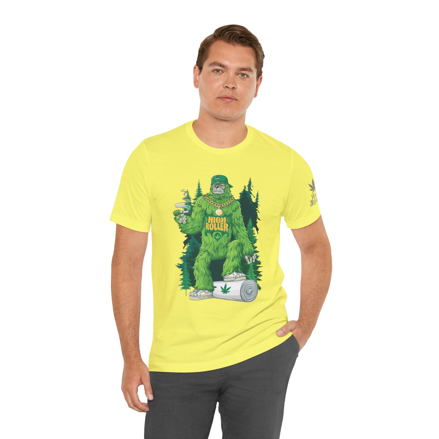 Bigfoot HIGH ROLLER Halloween Cannabis Forest T-Shirt - Premium Sasquatch Lifestyle Legend 420 Apparel