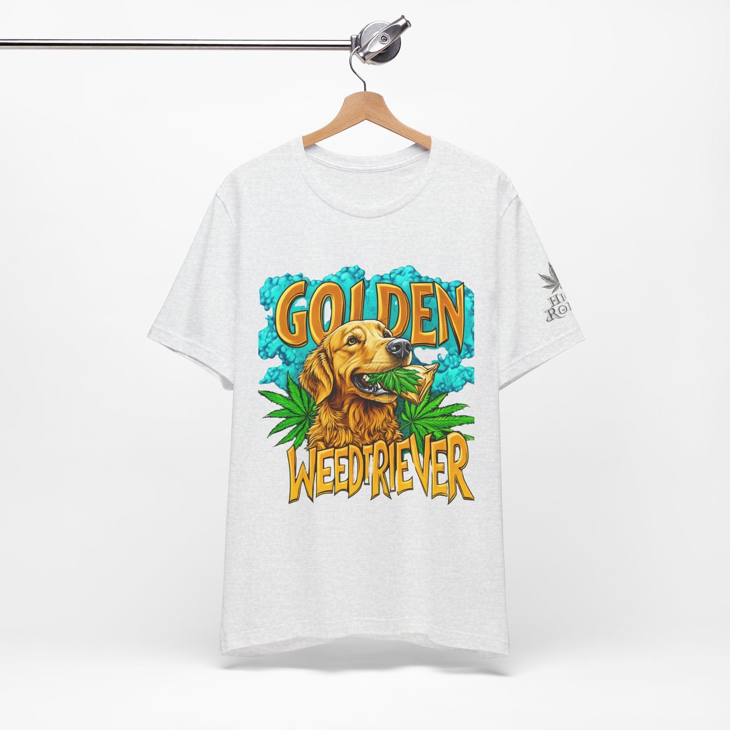 High Roller Golden Weedtriever Cannabis T-Shirt - Premium 420 Dog Lover Humor Golden Retriever Pun Comedy Pet Culture Apparel