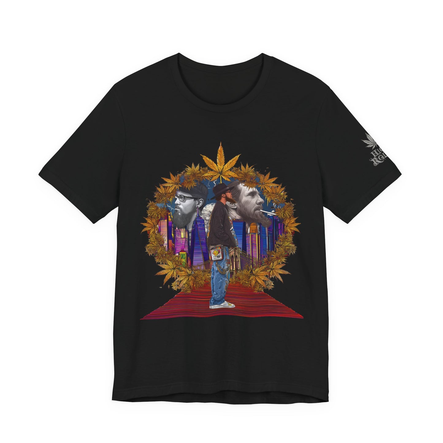 Red Carpet Royalty Premium Cannabis Culture T-Shirt - Hip-Hop Legends Tribute With Golden Cannabis Wreath And City Skyline