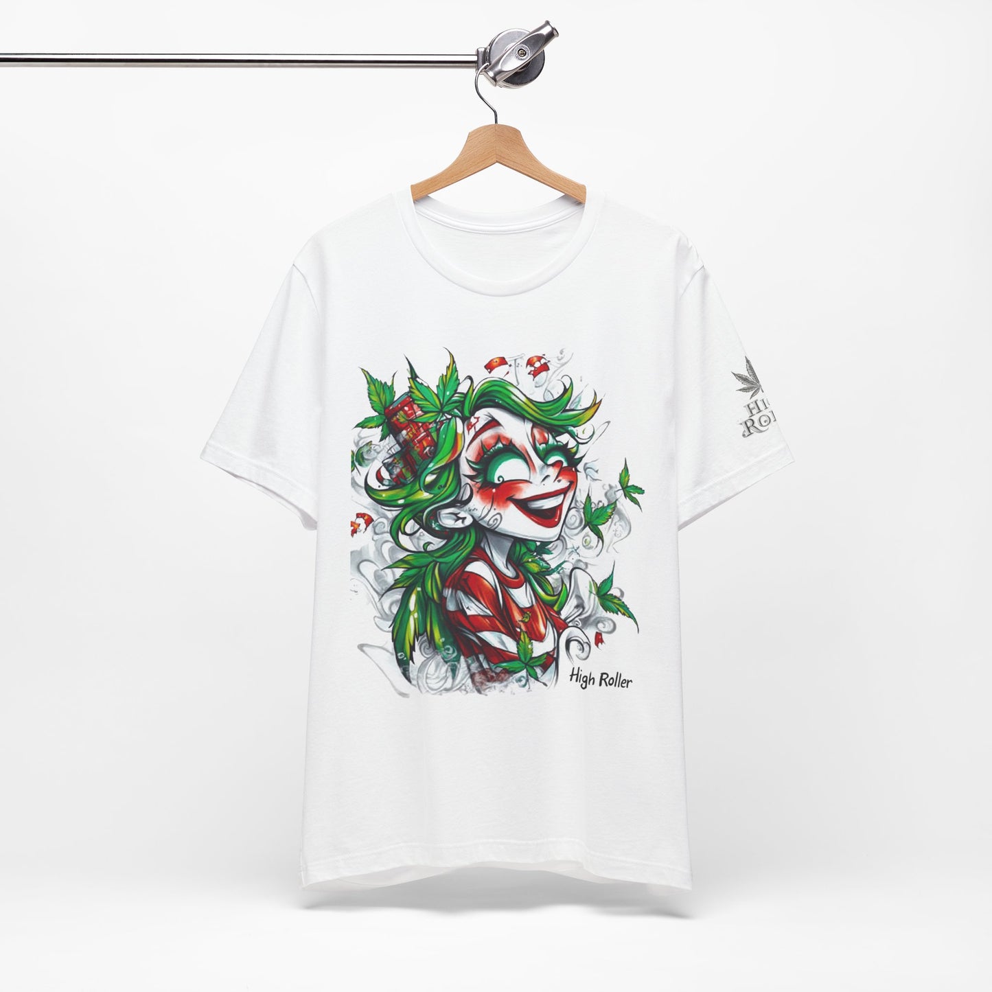 High Roller Jester Queen Cannabis T-Shirt - Premium 420 Harlequin Beauty Holiday Celebration Apparel