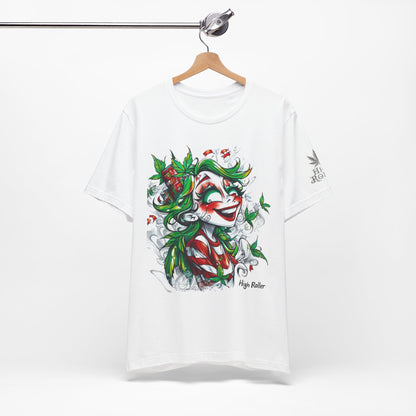 High Roller Jester Queen Cannabis T-Shirt - Premium 420 Harlequin Beauty Holiday Celebration Apparel