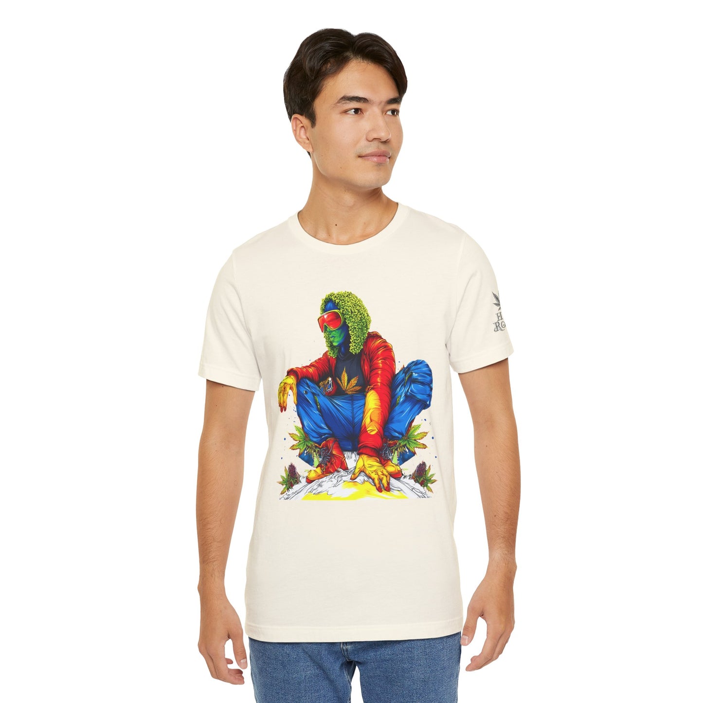 Psychedelic Chill Premium Cannabis Culture T-Shirt - Vibrant Street Art With Rainbow Color Explosion And Meditative Pose
