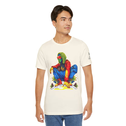 Psychedelic Chill Premium Cannabis Culture T-Shirt - Vibrant Street Art With Rainbow Color Explosion And Meditative Pose