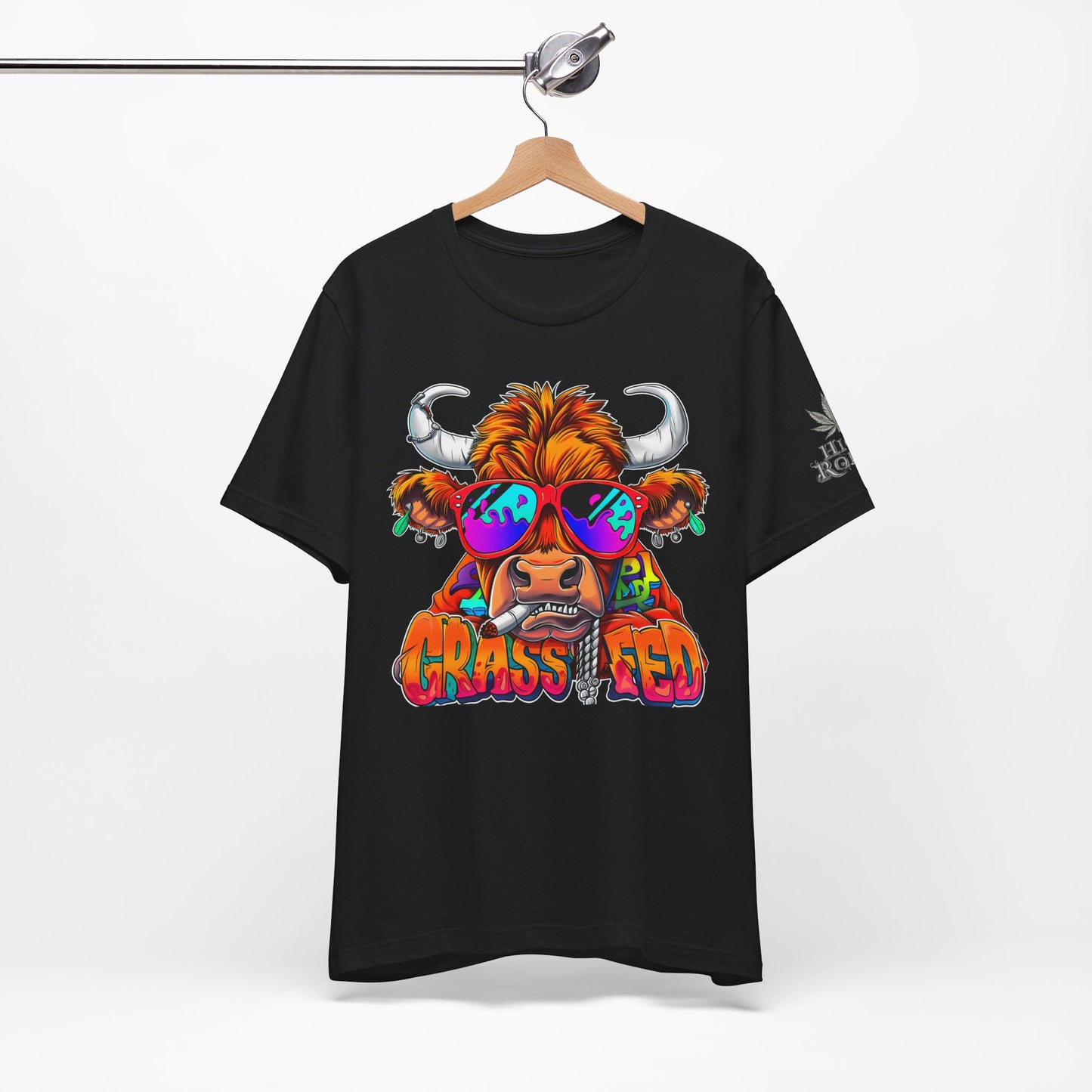 High Roller Grass Fed Cannabis T-Shirt - Premium 420 Highland Cow Humor Psychedelic Sunglasses Farm Culture Comedy Apparel