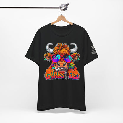 High Roller Grass Fed Cannabis T-Shirt - Premium 420 Highland Cow Humor Psychedelic Sunglasses Farm Culture Comedy Apparel