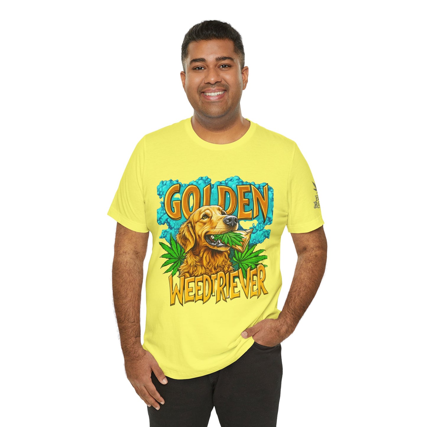 High Roller Golden Weedtriever Cannabis T-Shirt - Premium 420 Dog Lover Humor Golden Retriever Pun Comedy Pet Culture Apparel