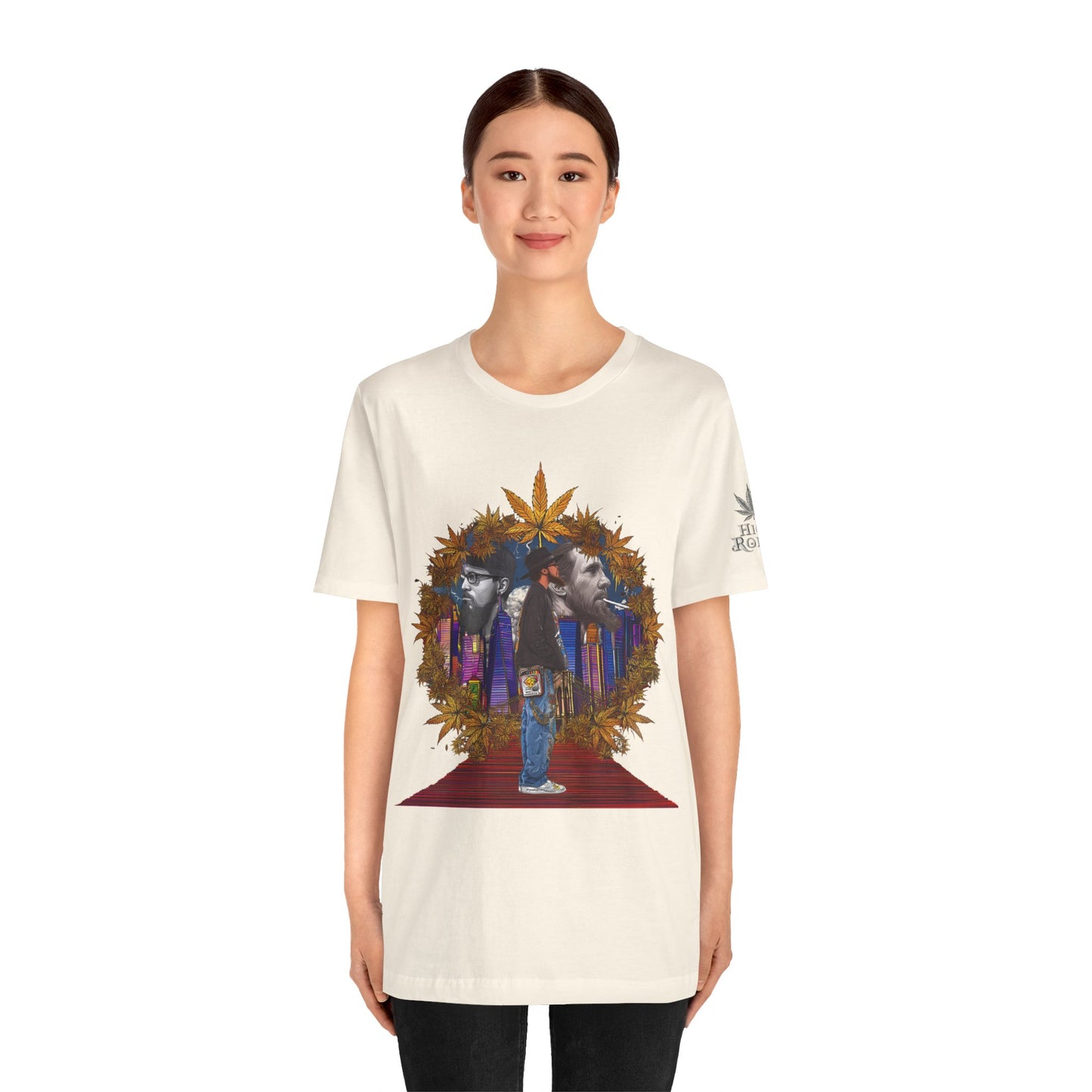 Red Carpet Royalty Premium Cannabis Culture T-Shirt - Hip-Hop Legends Tribute With Golden Cannabis Wreath And City Skyline
