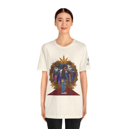 Red Carpet Royalty Premium Cannabis Culture T-Shirt - Hip-Hop Legends Tribute With Golden Cannabis Wreath And City Skyline