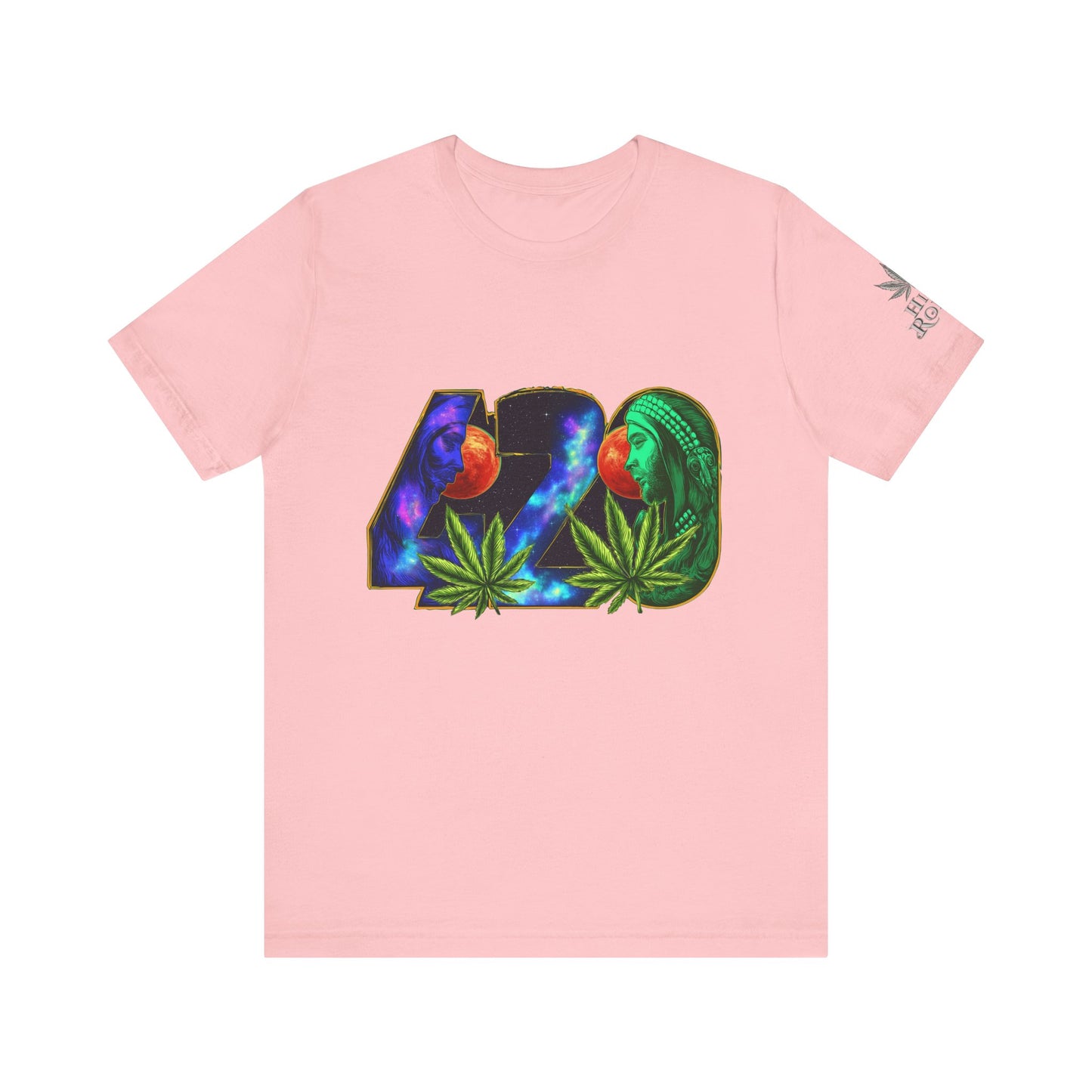 420 Cosmic Connection Premium Cannabis Culture T-Shirt - Bold Typography With Celestial Profiles And Luminous Cannabis Leaf Design