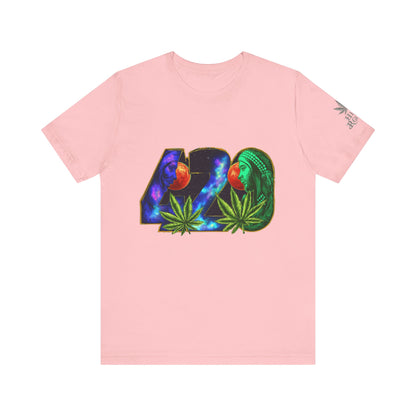 420 Cosmic Connection Premium Cannabis Culture T-Shirt - Bold Typography With Celestial Profiles And Luminous Cannabis Leaf Design