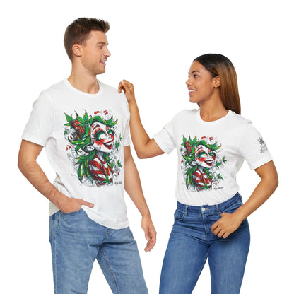 High Roller Jester Queen Cannabis T-Shirt - Premium 420 Harlequin Beauty Holiday Celebration Apparel