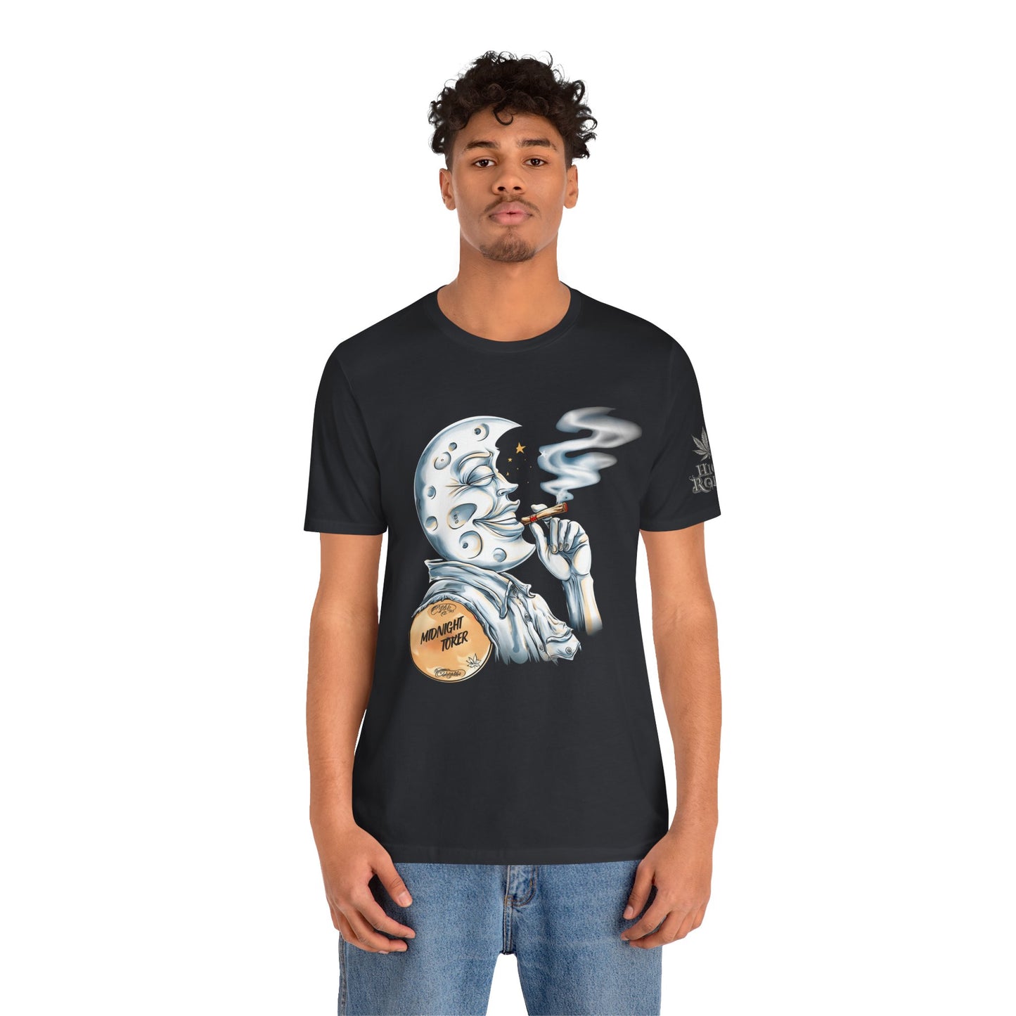 Midnight Toker Moon Tee - Celestial Cannabis Art Design | High Roller