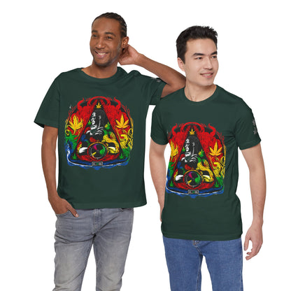 High Roller Sacred Buddha Cannabis T-Shirt - Premium 420 Spiritual Meditation Enlightenment Botanical Artistry Apparel