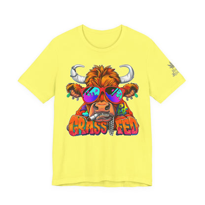High Roller Grass Fed Cannabis T-Shirt - Premium 420 Highland Cow Humor Psychedelic Sunglasses Farm Culture Comedy Apparel