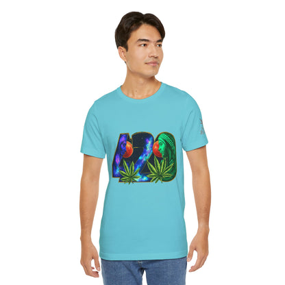 420 Cosmic Connection Premium Cannabis Culture T-Shirt - Bold Typography With Celestial Profiles And Luminous Cannabis Leaf Design