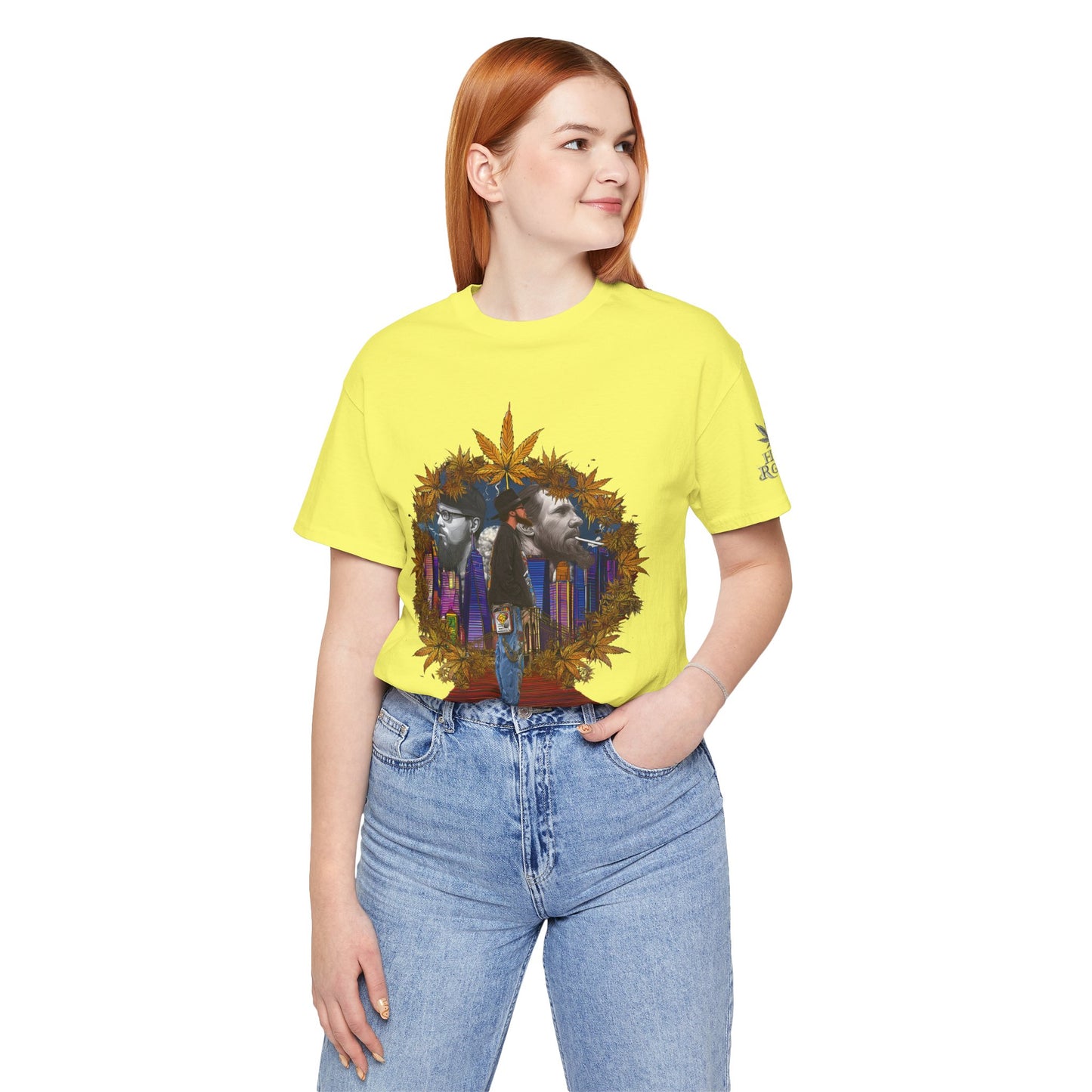 Red Carpet Royalty Premium Cannabis Culture T-Shirt - Hip-Hop Legends Tribute With Golden Cannabis Wreath And City Skyline