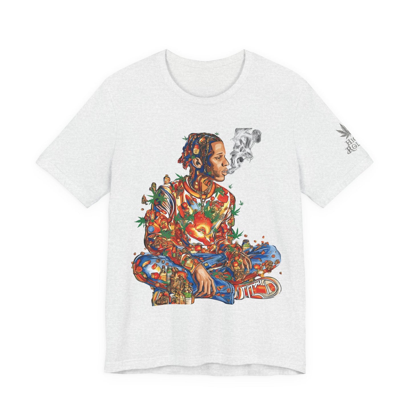 High Roller Meditation Mosaic Cannabis T-Shirt - Premium 420 Hip-Hop Zen Cross-Legged Street Culture Artistic Collage Apparel