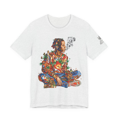 High Roller Meditation Mosaic Cannabis T-Shirt - Premium 420 Hip-Hop Zen Cross-Legged Street Culture Artistic Collage Apparel
