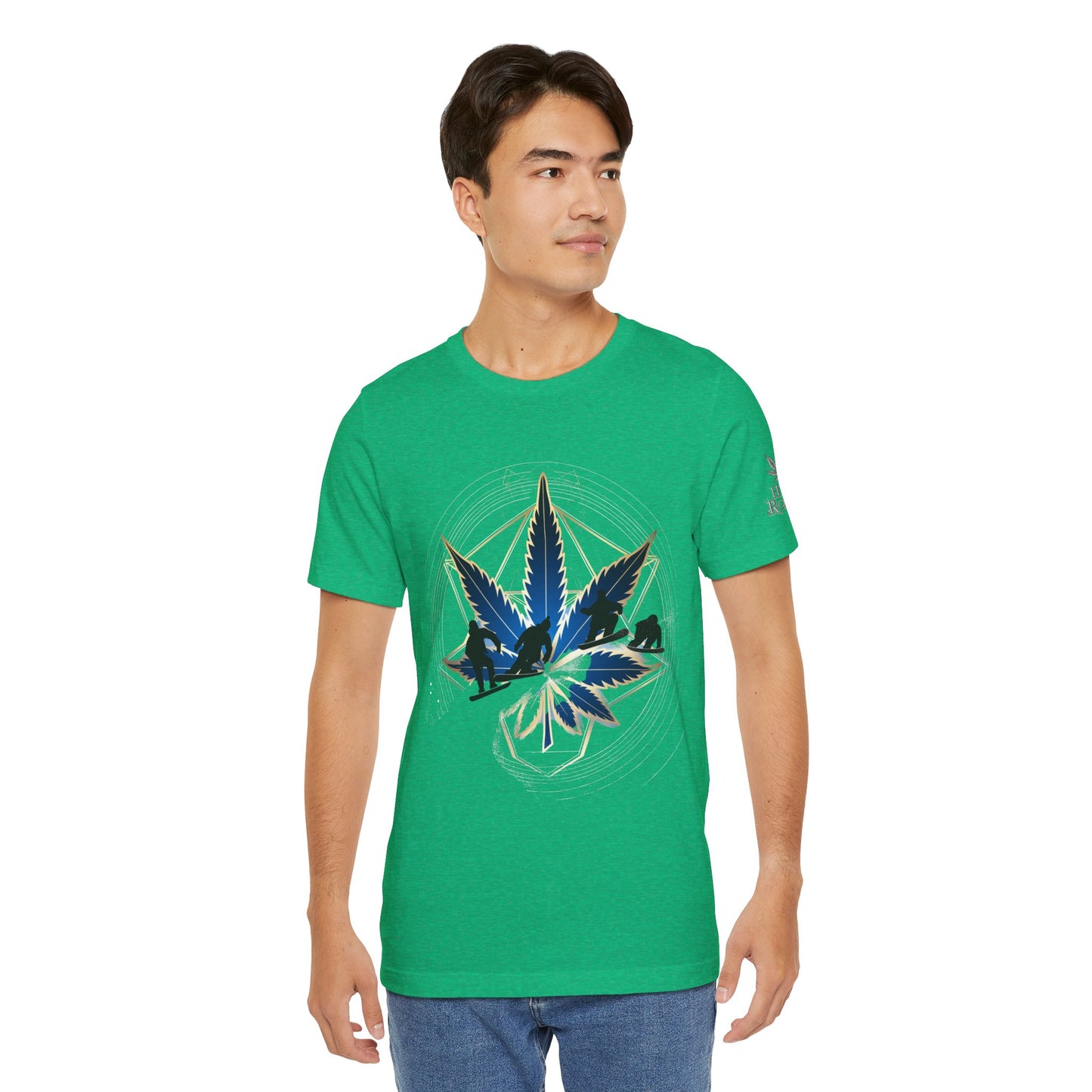 Sacred Geometry Snowboard Premium Cannabis Culture T-Shirt - Emerald Green Tee With Action Sports And Crystalline Cannabis Geometric Mandala