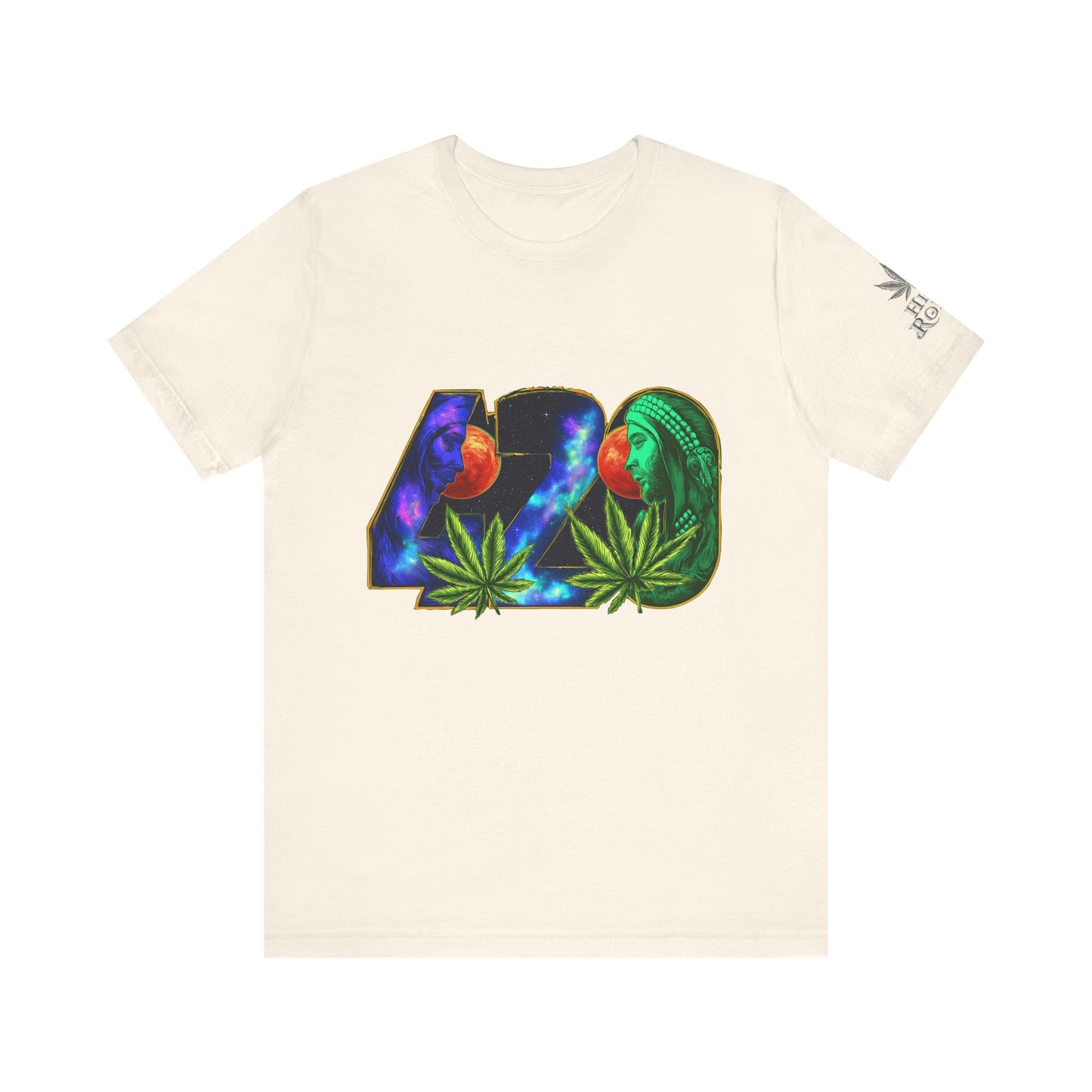 420 Cosmic Connection Premium Cannabis Culture T-Shirt - Bold Typography With Celestial Profiles And Luminous Cannabis Leaf Design