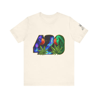 420 Cosmic Connection Premium Cannabis Culture T-Shirt - Bold Typography With Celestial Profiles And Luminous Cannabis Leaf Design