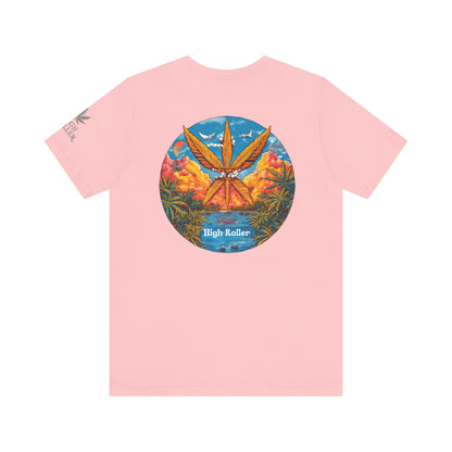 Cannabis Paradise Circle Tee - Tropical Sunset Art Design | High Roller