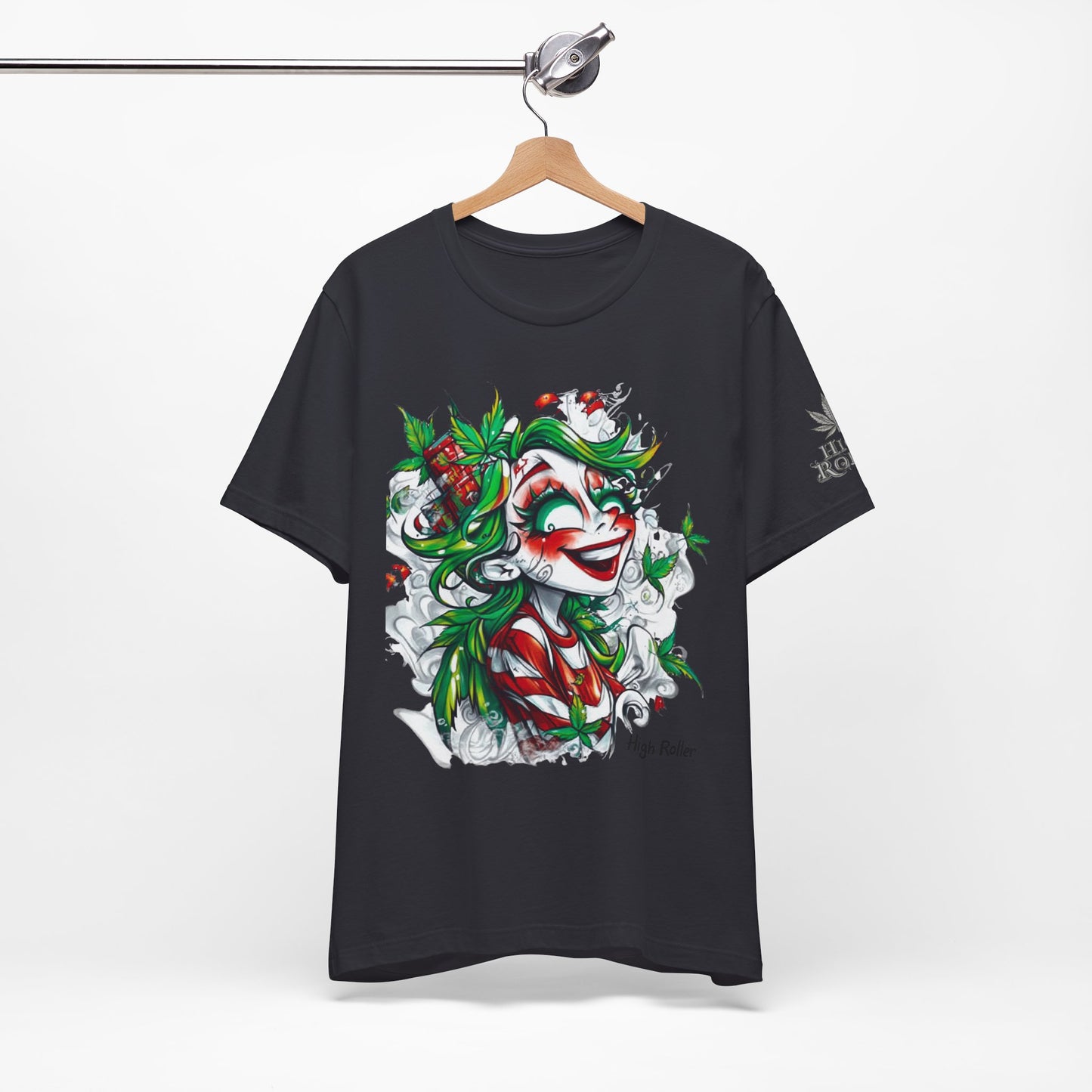 High Roller Jester Queen Cannabis T-Shirt - Premium 420 Harlequin Beauty Holiday Celebration Apparel