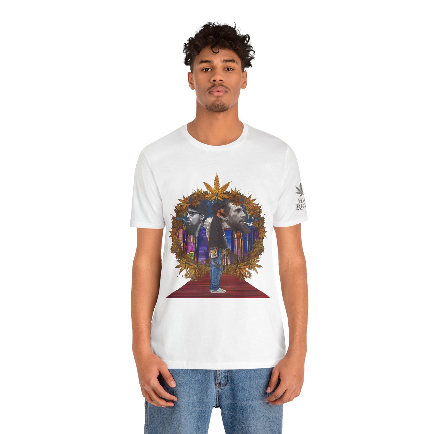 High Roller Red Carpet Cannabis T-Shirt - Premium 420 Hip-Hop Legacy Golden Frame Street Culture Artistic Portrait Apparel