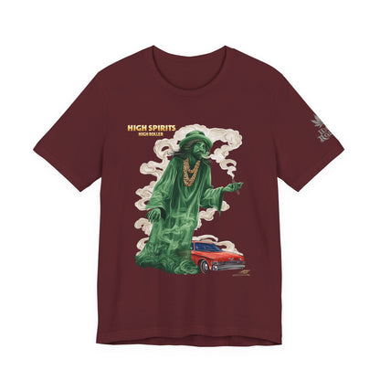 High Spirits HIGH ROLLER Halloween Cannabis Ghost T-Shirt - Premium Spectral Lowrider Phantom 420 Apparel