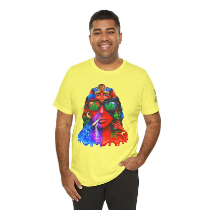Pharaoh Vision Premium Cannabis Culture T-Shirt - Ancient Egyptian Royalty With Modern Cannabis Celebration And Psychedelic Split-Face Art