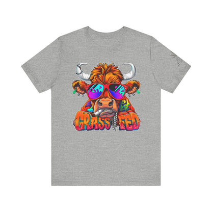 High Roller Grass Fed Cannabis T-Shirt - Premium 420 Highland Cow Humor Psychedelic Sunglasses Farm Culture Comedy Apparel
