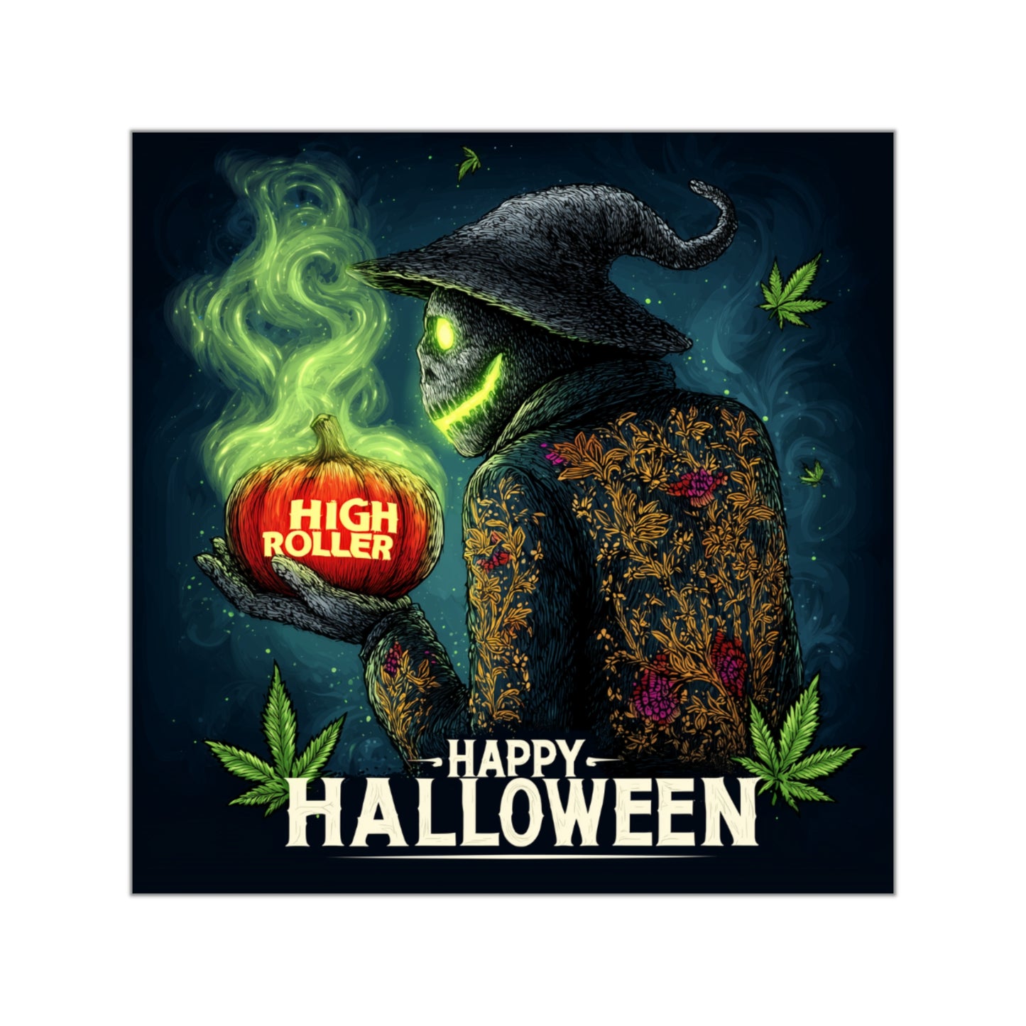 Mystical Witch HIGH ROLLER Pumpkin Halloween Sticker - Premium Botanical Enchantress Cannabis 420 Vinyl Decal
