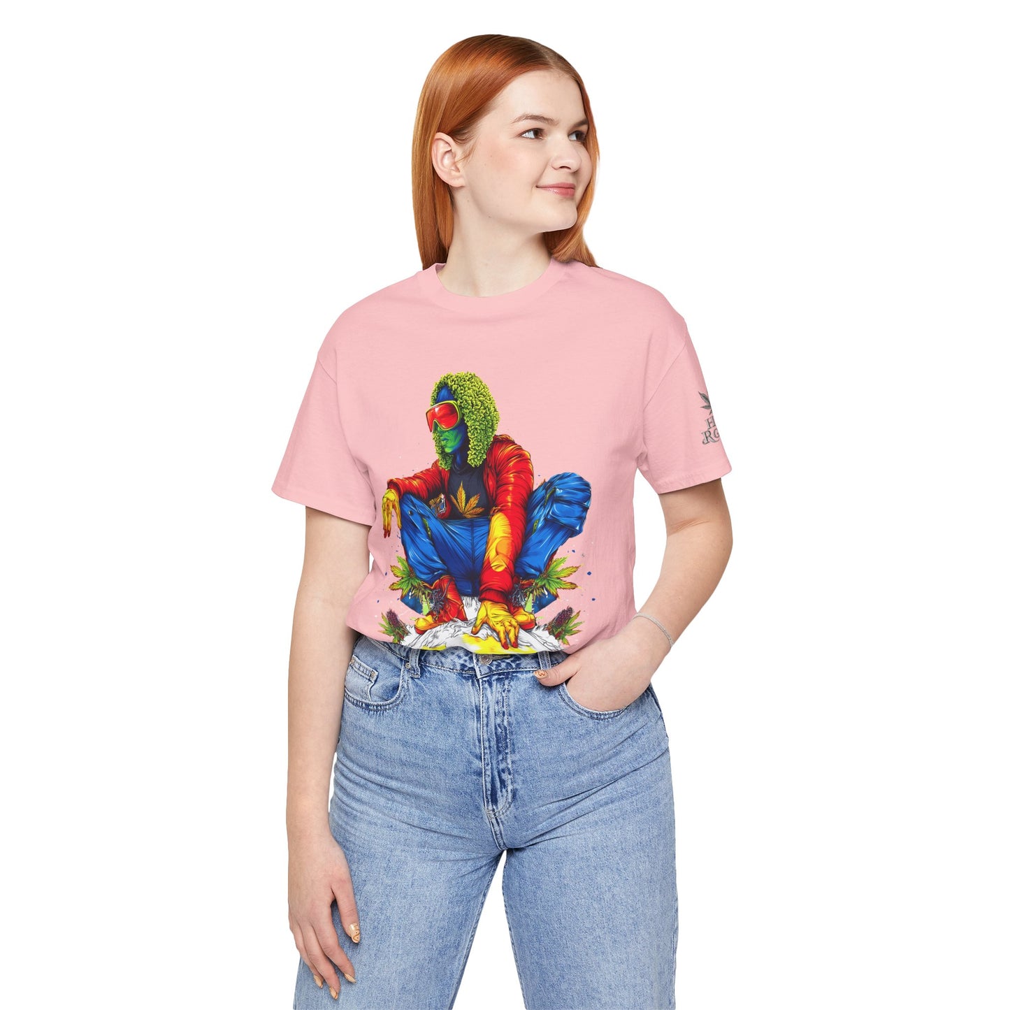 Psychedelic Chill Premium Cannabis Culture T-Shirt - Vibrant Street Art With Rainbow Color Explosion And Meditative Pose