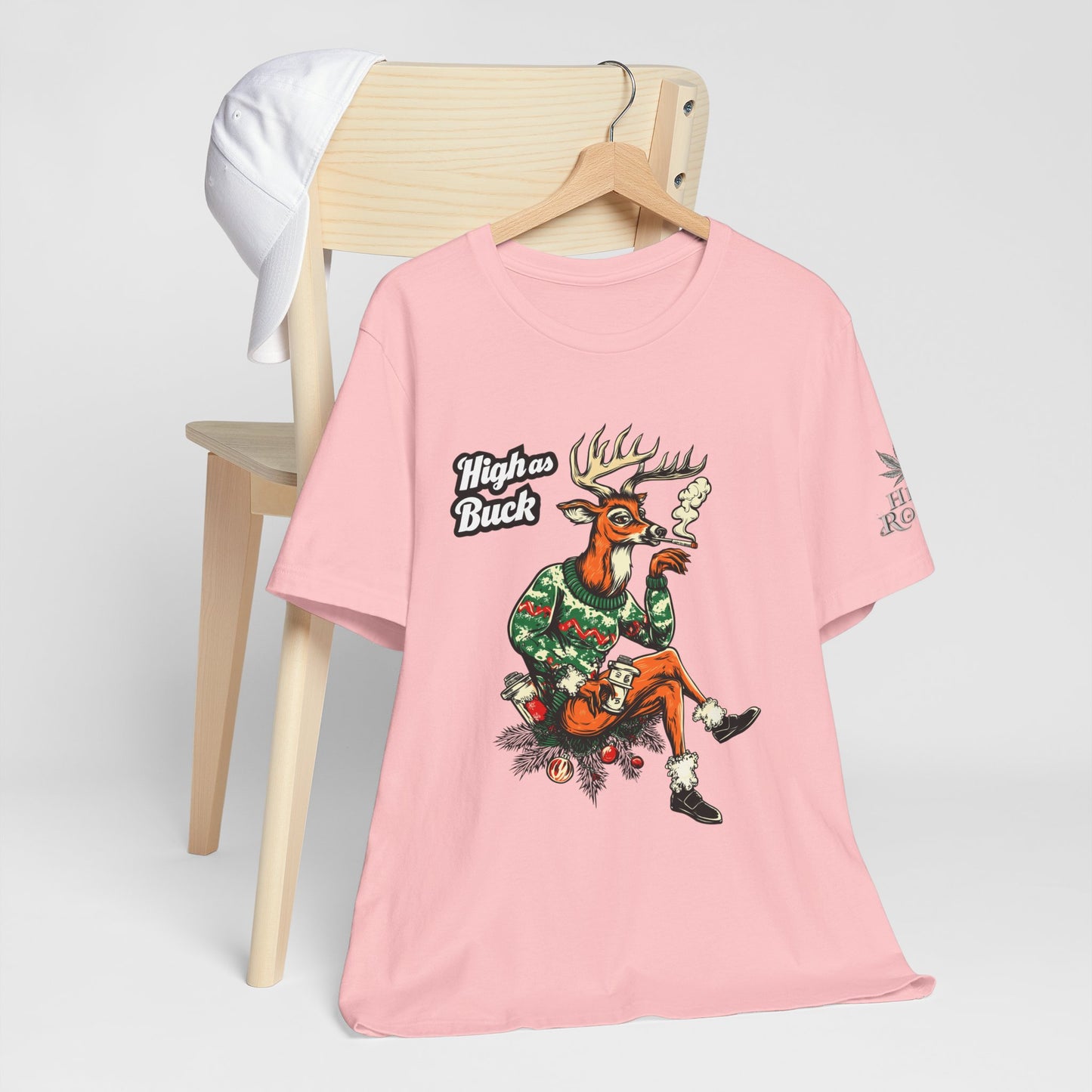 High as Buck T-Shirt - Premium Airlume Cotton Cannabis Christmas Deer Holiday Tee