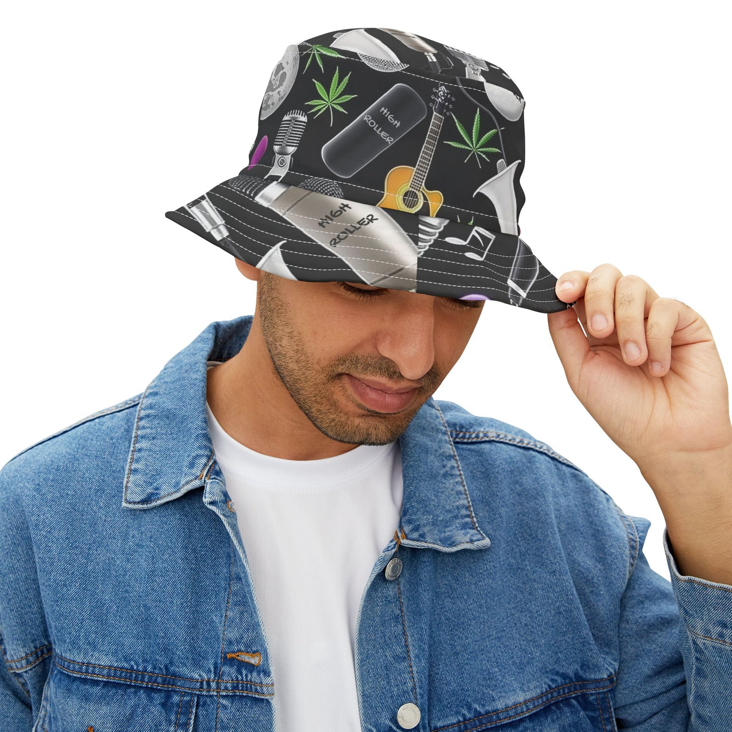 Cannabis Leaf & Music Bucket Hat - Artistic Pattern Fashion Accessory