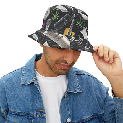 Cannabis Leaf & Music Bucket Hat - Artistic Pattern Fashion Accessory
