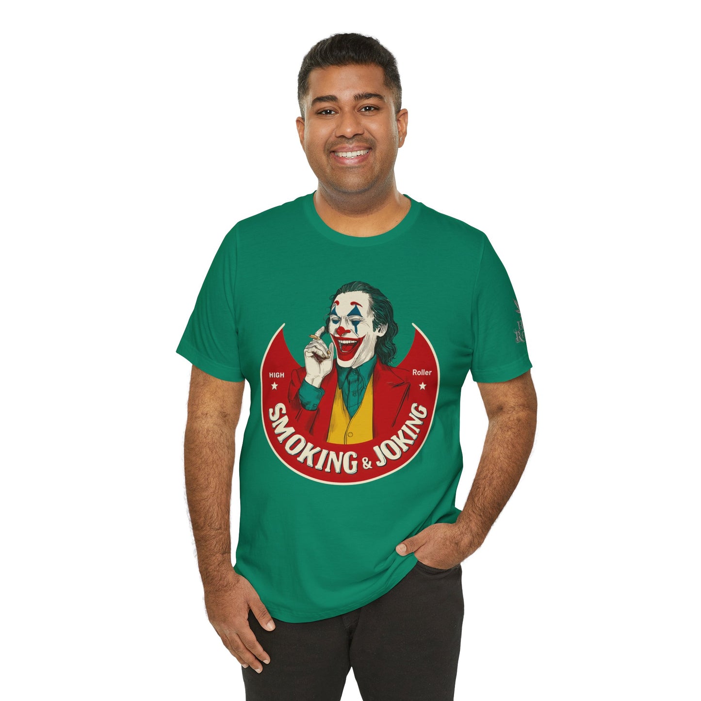 High Roller Villain T-Shirt - Premium Airlume Cotton Cannabis Joker Badge Art Tee