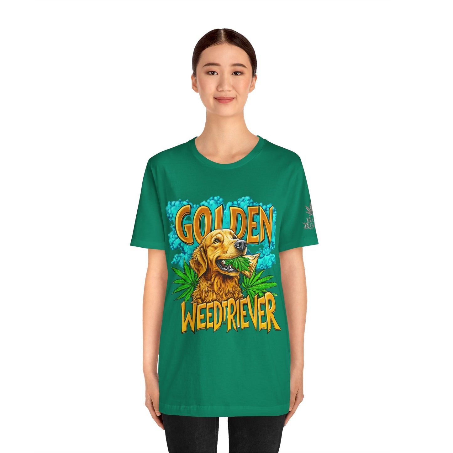 High Roller Golden Weedtriever Cannabis T-Shirt - Premium 420 Dog Lover Humor Golden Retriever Pun Comedy Pet Culture Apparel