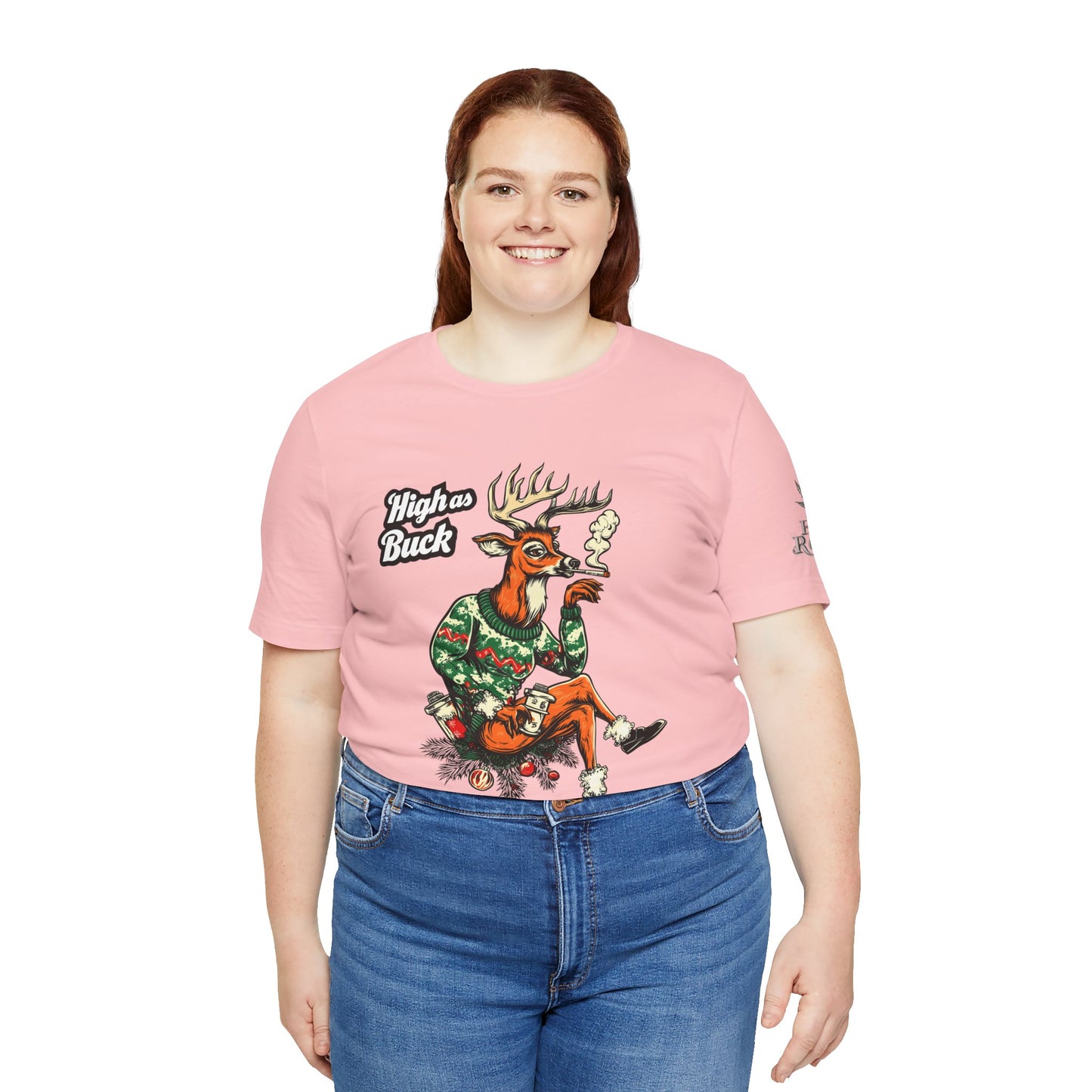 High as Buck T-Shirt - Premium Airlume Cotton Cannabis Christmas Deer Holiday Tee