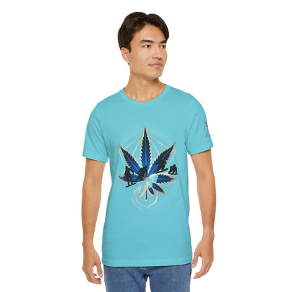 Sacred Geometry Snowboard Premium Cannabis Culture T-Shirt - Emerald Green Tee With Action Sports And Crystalline Cannabis Geometric Mandala